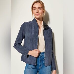 Blue Suede Jacket J. McLaughlin L Fitted Zip Collar Crop Leather Real Vtg Y2K